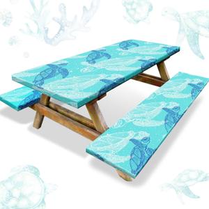 Boao 3 Pcs Vinyl Picnic Table Cover with Bench Cover 6 ft 30 x 72 Inch Waterproof Fitted Tablecloth Flannel Backing Rectangular Elastic Edged for Camping Outdoor Patio Travel(Turtle)