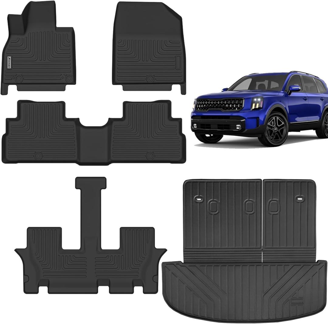 Floor Mats for 2020-2024 2025 Kia Telluride 7/8 Seats, TPE All Weather Protection 3 Rows Car Cargo Liners with Trunk Mat Covering The Backrest Car Accessories