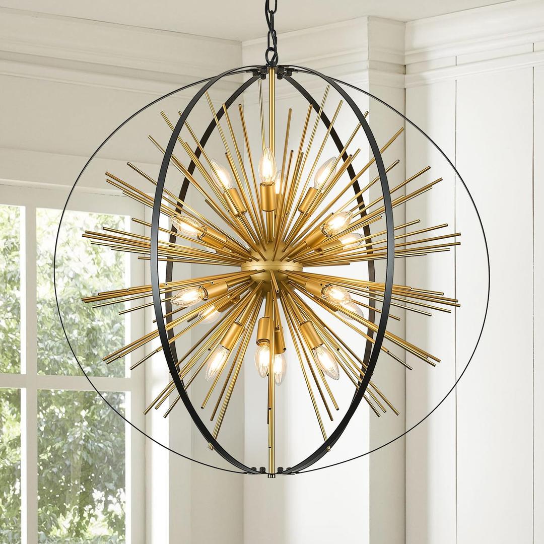 16 Lights Black Gold Sputnik Chandelier Large 31" Modern Industrial Hanging Ceiling Firework Globe Pendant Lighting Fixture for Dining Living Room Foyer Stairway Kitchen Bedroom, D31"
