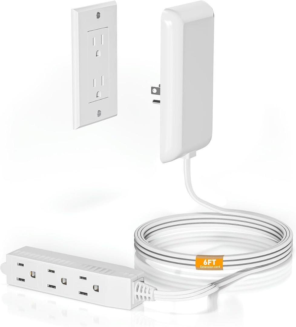 Flat Plug Extension Cord - 3 Outlets Power Strip with Detachable Ultra-Thin Outlet Cover, 6FT Cord, Universal Size, 13A 125V 1625W, ETL Listed, White - Ideal for Home, Office, Living Room (6FT)