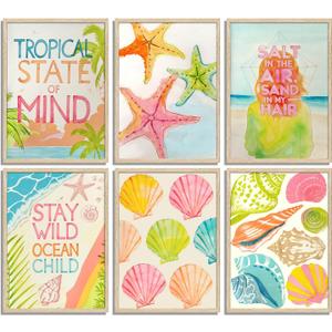 ZHJIOFXG Colorful Beach Poster Set of 6 Beachy Room Decor Pastel Coastal Aesthetic Wall Art Shell Starfish Palm Tree Painting Picture Artwork for Girls Bedroom Dorm Apartment Decorate 12x16in Unframed