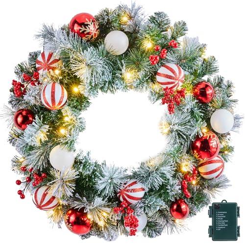 Amazon.com: Pre-Lit Artificial Christmas Wreath 24Inch, Christmas Door Decorations Wreath with 50LED Warm Lights, Christmas Balls, Pine Needles, and Red Berries for Front Door Wall Windows X-mas Ornament : Home & Kitchen Red/ White 