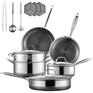 Cookware Sets, 15 Piece Tri-play Non-stick Set Hybrid Frying Pans, Sauce pan, Saute Pan,Casserole with Basket and Lids, Stay-Cool Handles, Oven, Dishwasher