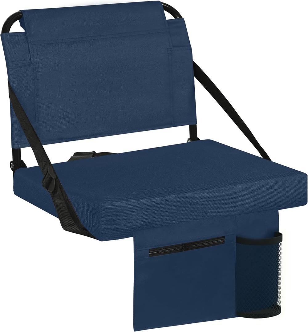 Stadium Seats for Bleachers with Back Support Bleacher Seat Soft Cushion Light Weight Includes Shoulder Strap & Cup Holder, Front & Back Zipper Pocket, Suitable for Sports Events,Navy