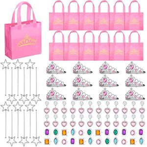 Hungdao 72 Pcs Princess Party Favor for Girls Halloween Princess Birthday Pretend Jewelry Toys Bulk Includes Goodie Bags, Crowns and Tiaras, Rings, Earrings Wands for Halloween Decorations
