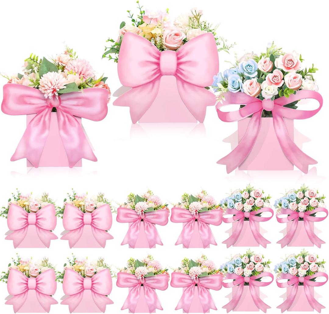 Hushee 12 Sets Pink Bow Baby Shower Flower Centerpieces for Tables Baby Shower Decorations 3D Boxes for Boys Girls Birthday Centro De Mesa Para Gender Reveal Tea Party Supplies