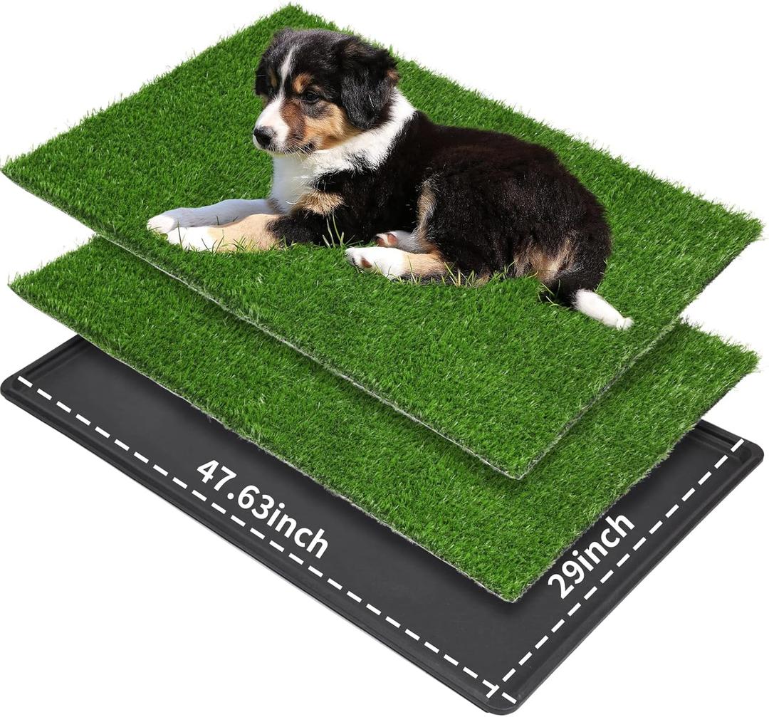 LOOBANI Large Dog Grass Pad with Tray - Dog Litter Box - Indoor Potty for Apartment and Patio Training - with 2 Packs Grass Pee Pads for Replacement, 47.629 Inch