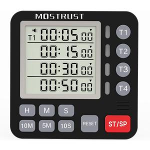 Digital Dual Kitchen Timer, 4 Channels Independent Countdown Timer, Large Display, On/Off, Loud Volume Alarm and Flashing Light with Magnetic Back, Stand, Battery Included (Black)