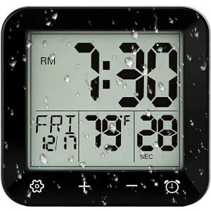Digital Waterproof Shower Clock, Bathroom Kitchen Clock with Countdown Timer, Wall Clock with Large LCD Display, Temperature, Touch Button, Suction, Hanging Hole, Battery Operated I Black