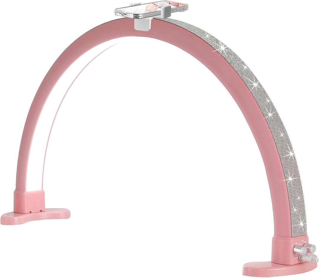 Half Moon Light with Phone Holder, 29 in 48W Nail Desk Lamp, Lash Light for Eyelash Tech, Makeup, Tattoo, Spa, Salon, Nail Tech Lamp with Stepless Dimming & Color Temperature(Pink)
