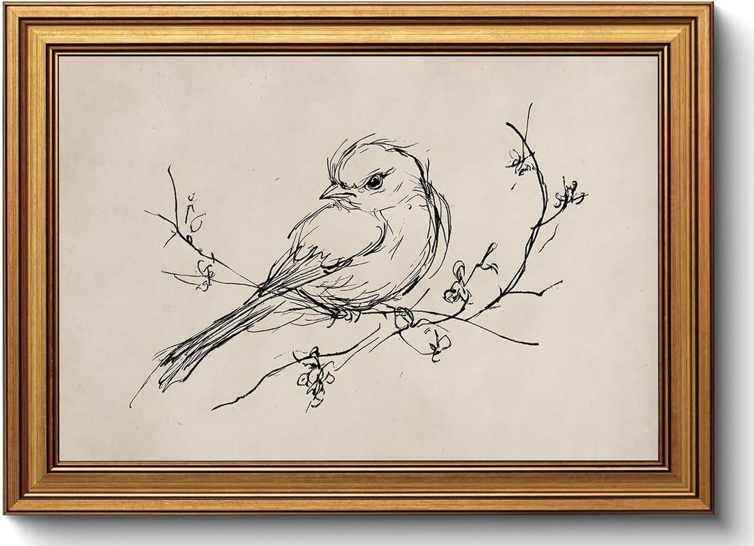 Gold Framed Wall Art Vintage Minimalist Birds Canvas Art Farmhouse Animals Picture Sketch Wall Decor Antique Prints Rustic Paintings Country Artwork for Bedroom Bathroom Living Room 12x16 Inch