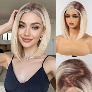 HAIRCUBE 13x6 HD Synthetic Lace Front Wig, 10 Inch Ombre Blonde Hightlight Bob Wig Natural Density Hairline Straight Glueless Wig for Women Daily Use