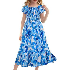 GRACE KARIN Girls Flutter Sleeve Floral Dresses Girl Long Midi Spring Dress Kids Smocked Flare Summer Dress 8Y