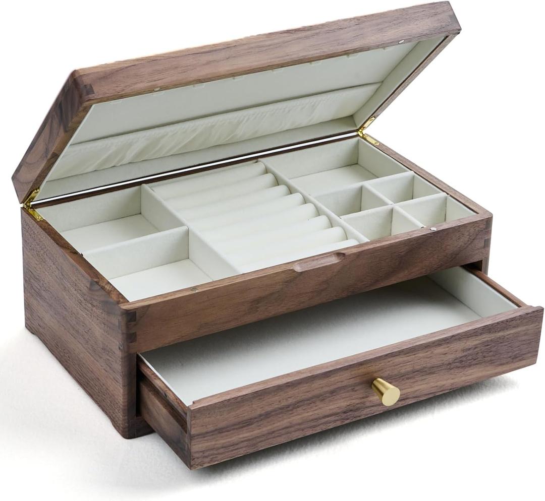 Black Walnut Wooden Jewelry Box - Allwood, Handcrafted, Classic Jewelry Box. Jewelry boxes & organizers for Women, Men, and Girls (Double-Layer)