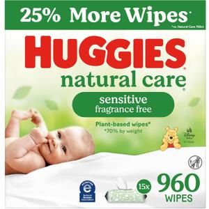 Huggies Natural Care Sensitive Baby Wipes, Unscented, Hypoallergenic, 99% Purified Water, 15 Flip-Top Packs (960 Wipes Total)