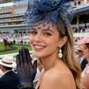 1920s Vintage Fascinators Hat Set for Women Tea Party Hats Veil Mesh Feather Headband Lace Gloves Set (Blue)