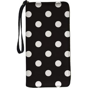 White Black Polka Dots Neutral Leather Wallet with Scratch Resistant Strap for Easy Carrying