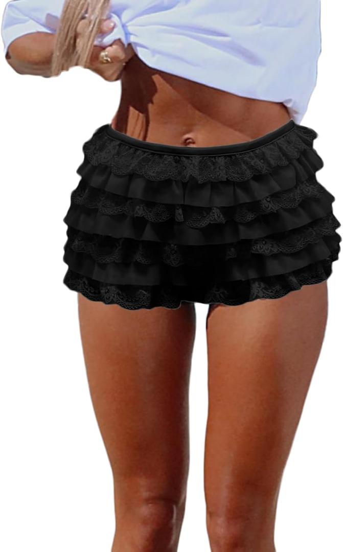 Women Y2K Lolita Bloomers Lace Mesh Ruffle Fairy Short Sexy Layered Pettipants Coquette Boy Shorts (Large, Black)