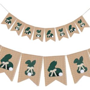 2 x Lounsweer Easter Burlap Banner Decorations 3D Rustic Rabbit Bunny Burlap Garland Moss Green with Bow Pom Pom Tail Bunny Baby Shower Decorations for Mantle Fireplace Birthday Party Spring Home Decor