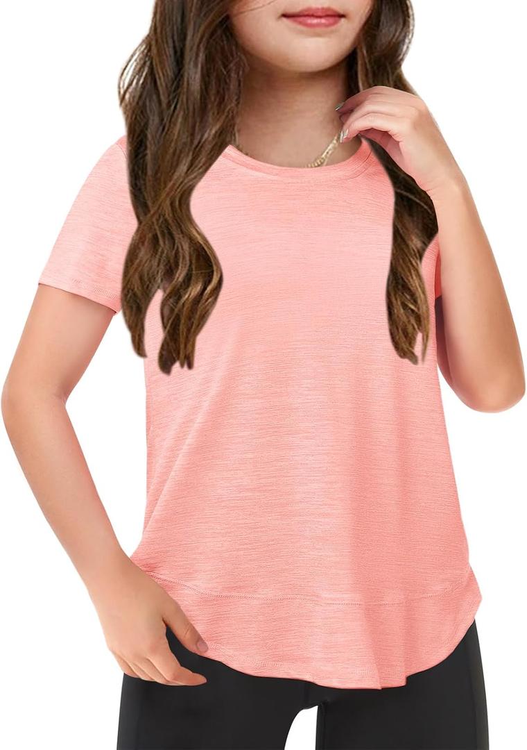 Haloumoning Girls Summer T Shirts Loose Curved Hem Short Sleeve Shirt Athletic Casual Tops Tees 4-14 Years (Pink)