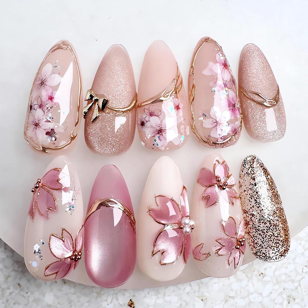 3D Handmade Press on Nails with Exquisite Designs Medium Almond Fake Nails Pink Cherry Blossom Flowers Stick on Nails 3D Gold Bow French Acrylic Nails Pearl Nails for Women Daily Wear