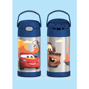 THERMOS FUNTAINER Water Bottle with Straw - 12 Ounce - Kids Stainless Steel Vacuum Insulated Water Bottle with Lid, Cars