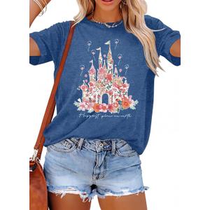 T&Twenties Women Magical Shirt for Women Funny Magic Kingdom Family Vacation Tshirt Casual Graphic Short Sleeve Tee Tops (Blue, M)