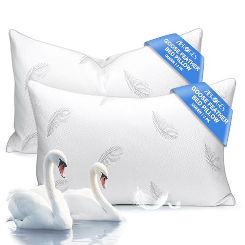 zibroges Goose Feather Pillows Bed Pillow - Hotel Down Pillows Queen Size Set of 2, Fluffy Support Surround Fill Polyester for Back, Stomach, Side Sleepers, Breathable & Soft Bed Pillow for Sleeping
