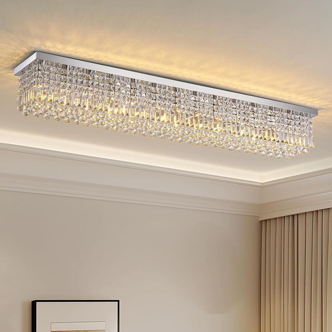 7PM Rectangular Chandelier, Modern Dining Room Light Fixture with Raindrop Chandelier Crystals, 13-Light Flush Mount Rectangle Chandelier for Dining Room Kitchen,Chrome Finish L59'' x W10'' x H9''