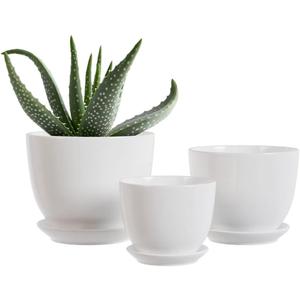 White Ceramic Plant Pots,Set of 3 Indoor Flower Pot with Saucers Small to Medium Sized Planters for Plants,Round Modern Garden Pots(White)