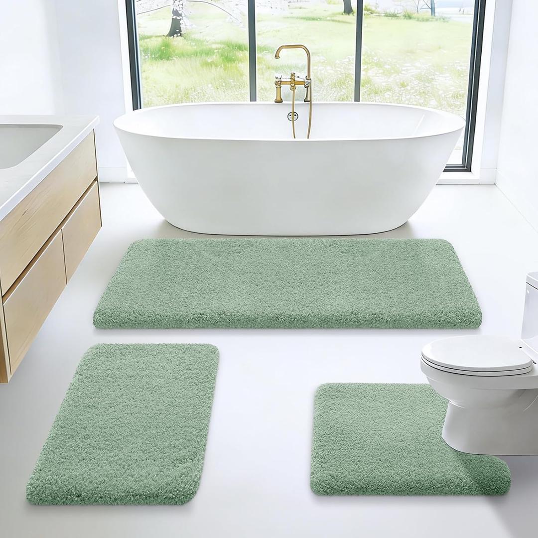 Microfiber Thick Bathroom Rugs Set 3 Piece, Flurry Non Slip Bath Rug, Soft Plush Absorbent Bathroom Mat, Machine Washable Luxury Toilet Rug Set, Bath Mat for Tab, Shower and Bathroom, Sage Green