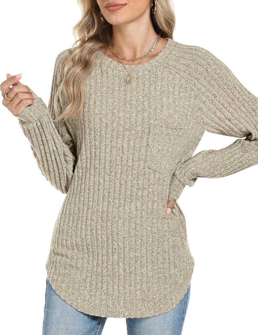 Motarto Lightweight Sweaters for Women Tunic Ribbed Tops Pull Over Casual Long Sleeve Shirts Plus Size Top for Daily Wear (Large, Khaki)