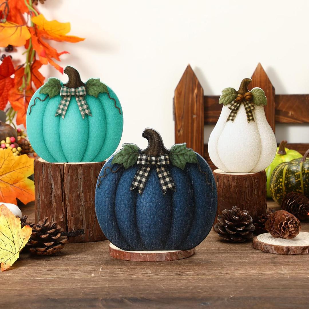 2 x Amyhill 3 Pcs Thanksgiving Pumpkin Wodden Table Sign Wood Block Fall Pumpkin Decor Autumn Farmhouse Rustic Tiered Tray Decorations Table Centerpieces for Home Kitchen(Blue)