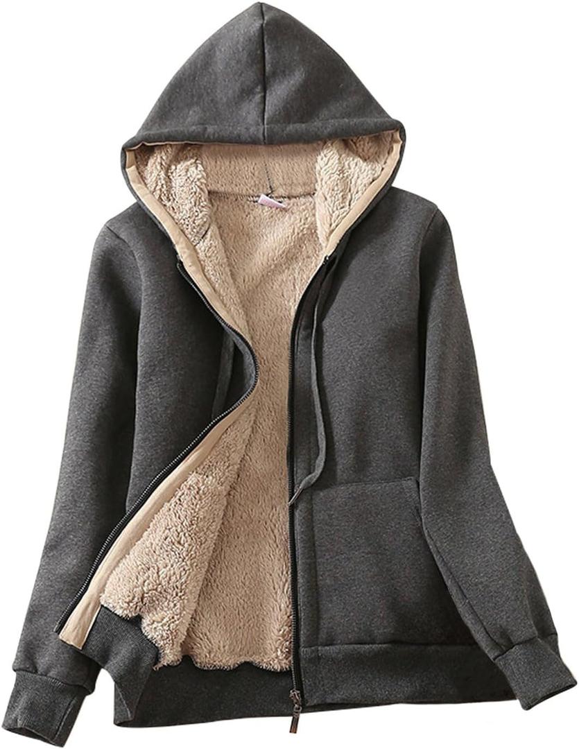 PUWEI Women's Winter Warm Fleece Jackets Thick Sherpa Lined Zip up Hoodies Heavyweight Sweatshirt Coat (XX-Large, Dark Grey)