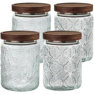 24 OZ Airtight Glass Storage Jar with Bamboo Lid - Vintage Glass Jar Vintage Food Containers Canisters Set for Kitchen Counter & Pantry - Ideal for Sugar, Flour, Coffee, Tea, Candy, Oats -4 Pack