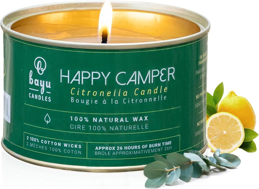 Happy Camper 12 oz Citronella Candle, All Natural with Beeswax and Coconut Oil, Camping Essentials and Bug Spray Alternative, Citronella Candles Outdoor Decor, 26 Hour Burn Time