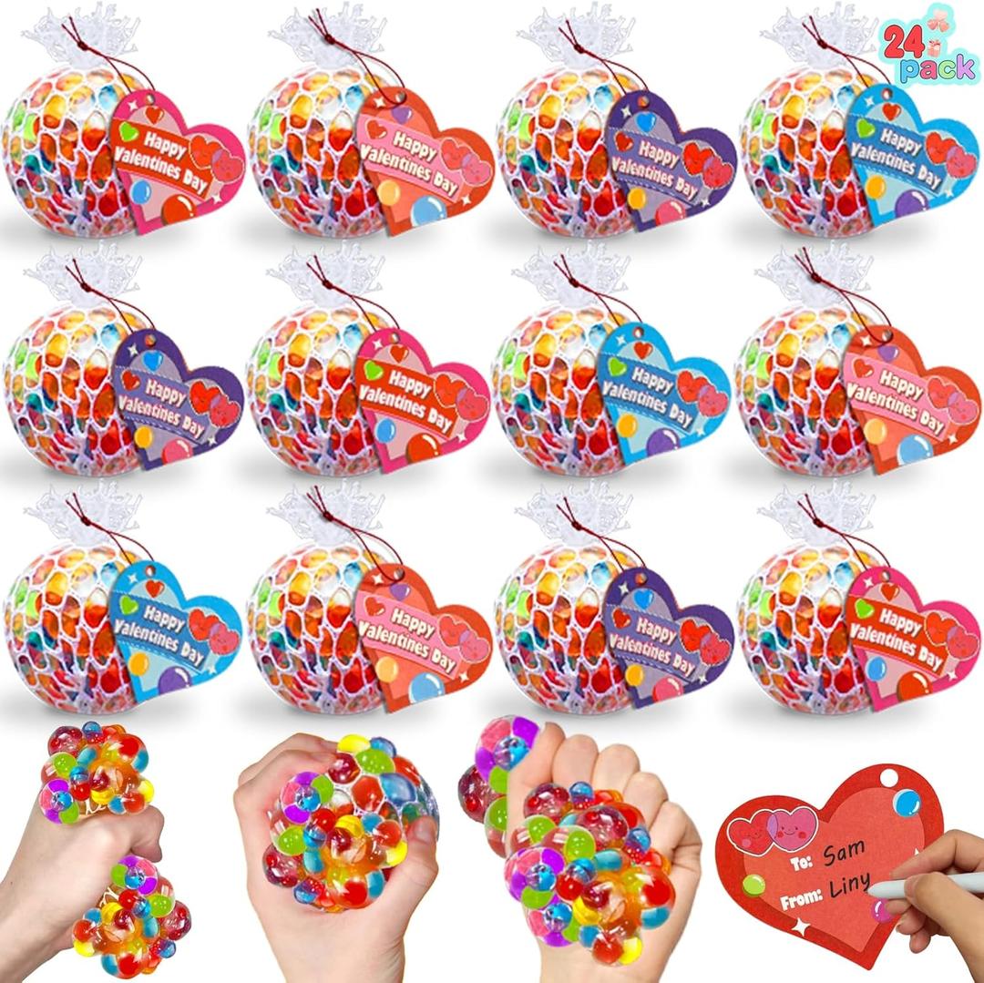24 Pack Valentines Day Gifts for Kids Teens, Fidget Stress Balls with Valentine Cards Heart Stress Relief Toys Squeeze Balls for Boys Girls Classroom Exchange Prize Easter Basket Stuffers Party Favors