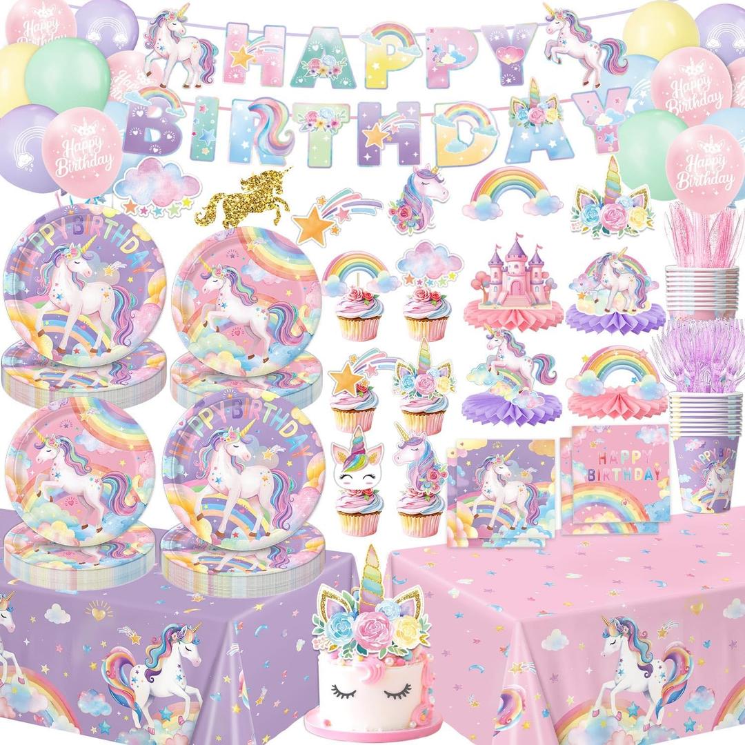 Unicorn Birthday Decorations - Plates, Napkins, Cups, Cutlery, Hanging Swirls, Banner, Honeycomb Centerpiece, Balloons, Tablecloths for Rainbow Girls Birthday Party Decorations, Serves 24