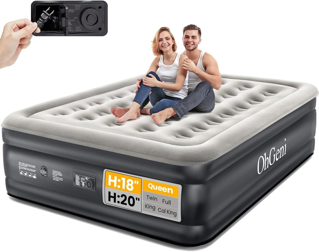 OhGeni Queen Air Mattress with Built in Pump, Inflatable Blow Up Mattress 18 Raised Comfort,Upgraded Surface Portable Mattress, Air Bed for Camping, Home and Guest, Colchone Inflable, 650 lbs Max (Black)