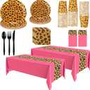 Oudain 162 Pcs Cheetah Party Decorations Leopard Print Tableware Safari Animal Jungle Party Supplies Includes Tablecloth Plates Napkins Cups Forks Knives Spoons for Baby Shower Birthday (Hot Pink)