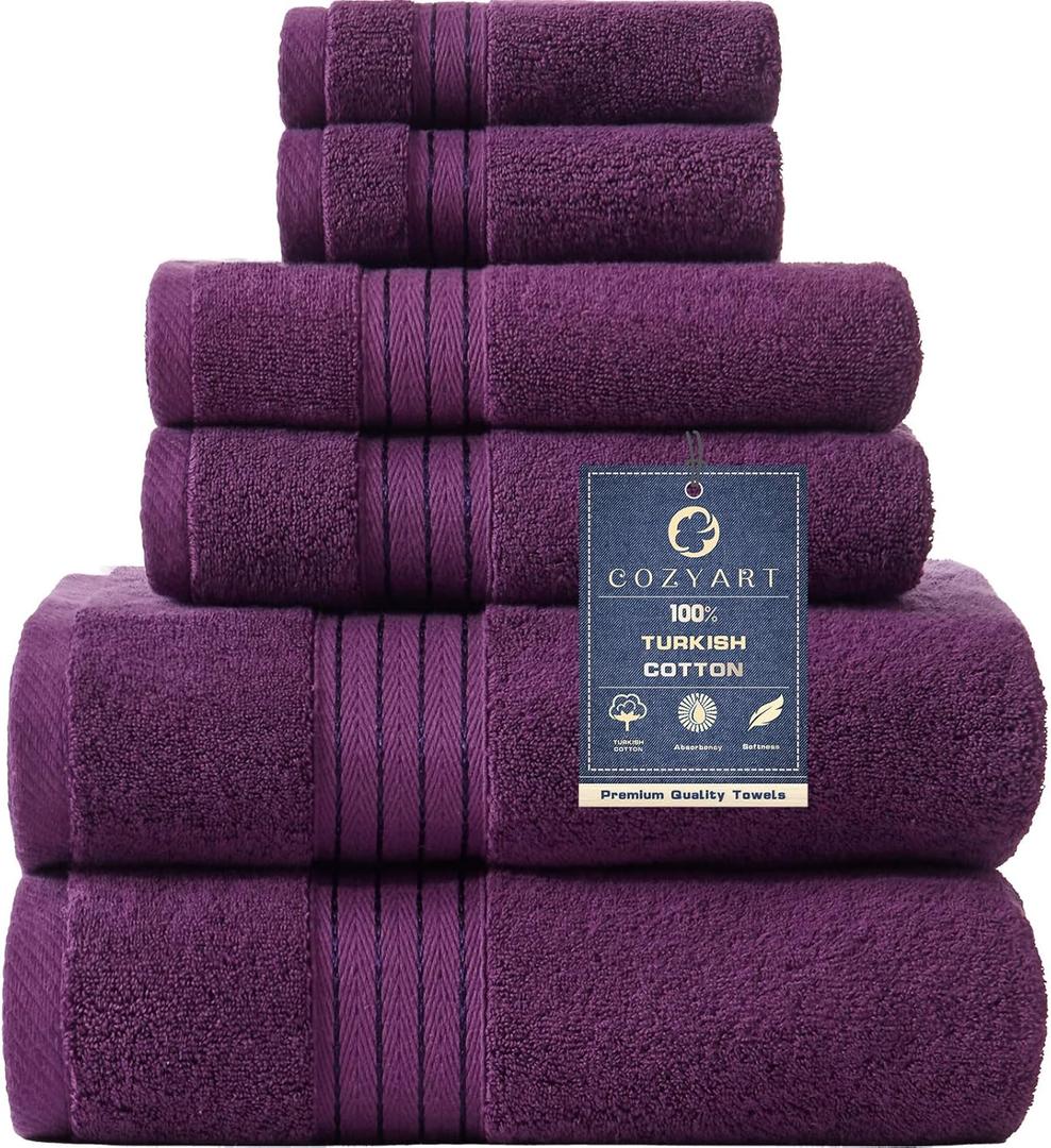 COZYART Purple Bath Towel Set for Bathroom Soft Absorbent Durable 650 GSM Turkish Cotton Towel Sets of 6, 2 Large Bath Towels, 2 Hand Towels, 2 Washclothes (Honey Flower Purple)