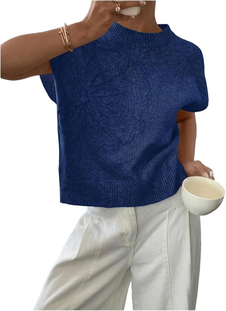 GORGLITTER Women's Short Sleeve Knit Sweater Tops Crewneck Lightweight Oversized Pullover Top Trendy (Blue, S)