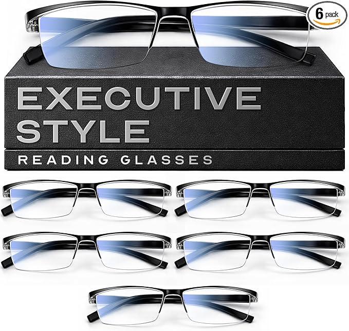 6 pack 2.5 Executive Style Reading Glasses Men  Durable Readers with Blue Light Filtering Comfortable Fit with TR90 Frames