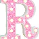Pooqla LED Marquee Letter Lights, Pink Glitter Light Up Letters Alphabet Sign Battery Powered Night Light, Birthday Party Wedding Girls Gifts, Christmas Room Dorm Bedroom Decoration, Pink Letter R