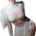 Women Diamonds Sequins Tassel Bodysuit Night Stage Wear Sexy Performance Latin Dance Costume Party Birthday Outfit (One Size, White)