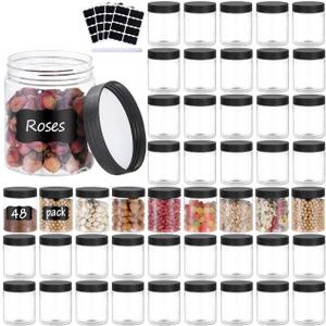 48PCS 8OZ Plastic Jars with Screw On Lids, Labels Refillable Empty Round Slime Containers for Storing Dry Food, Honey Jam, Cream, Butter, Lotion (48Black)