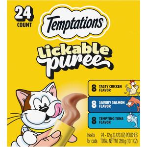 Temptations Creamy Puree Squeezable Lickable Cat Treats, Wet Cat Treats with Chicken, Salmon, and Tuna Variety Pack, 0.42 oz. Tubes, 24 Count (EXP 11/19/27)