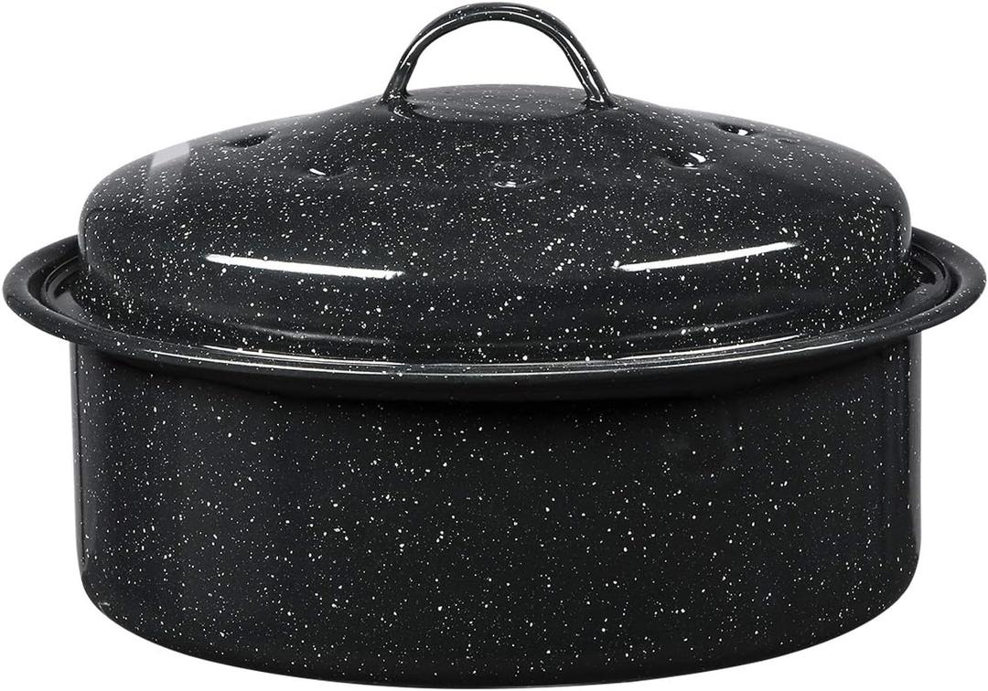 Granite Ware 8.7-Inch Small Covered Round Roaster, 3Lb Capacity  Mini Roaster Enamel Steel Cookware, Dishwasher Safe & PFOA-Free, Even Heat Distribution for Poultry, Meat, Vegetables (Speckled Black) (9.25in. x 5.5in)