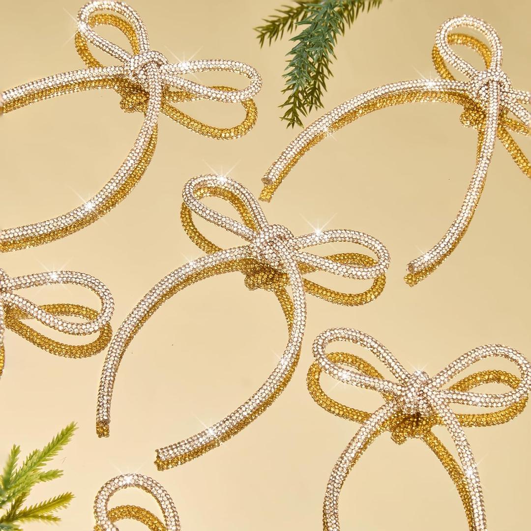 FLAIR GIFTS 12 Pcs 4.3" x 6" 2025 Christmas Bows for Tree Decor, Champagne Gold Sparkly Glitter Rhinestone Bow Ornaments with Twist Tie for Xmas Decoration, Wreath, Garland, Gift Wrapping