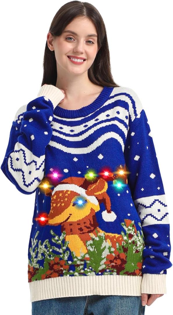 MGparty Ugly Christmas Sweater for Women 2025 Christmas Cute Light Up Sweaters Holiday Party Novelty Funny Pullover (X-Large, Blue)